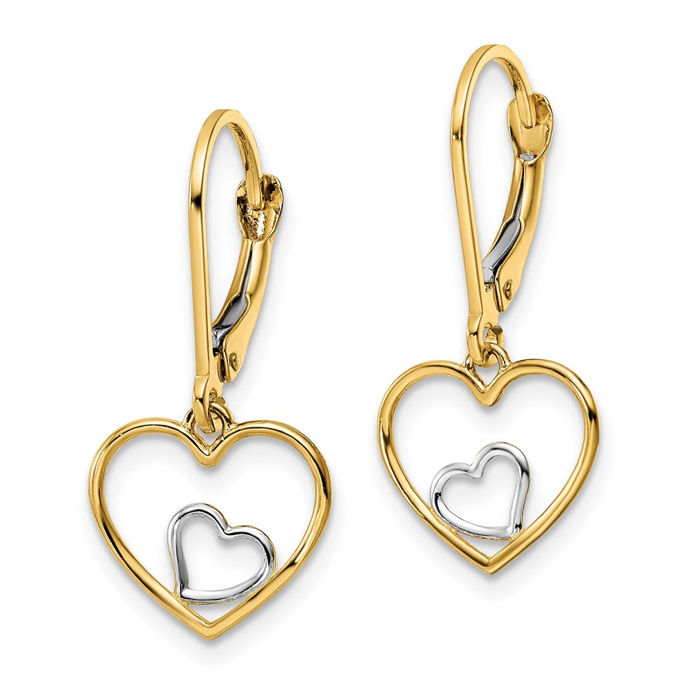 14K Yellow & Rhodium W/Rhodium Heart In Leverback Dangle Earrings