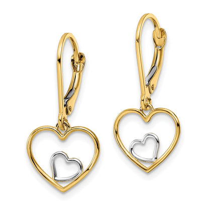 14K Yellow & Rhodium W/Rhodium Heart In Leverback Dangle Earrings