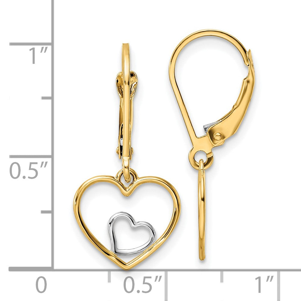 14K Yellow & Rhodium W/Rhodium Heart In Leverback Dangle Earrings