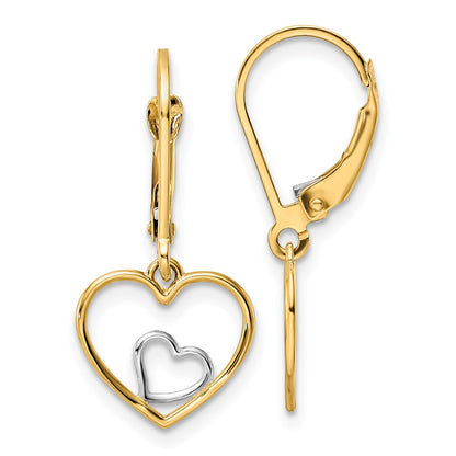 14K Yellow & Rhodium W/Rhodium Heart In Leverback Dangle Earrings