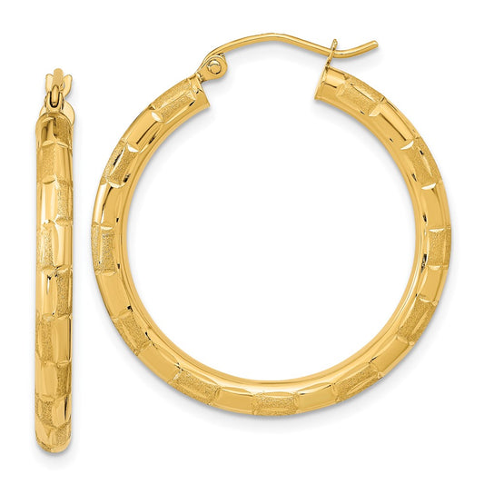 14K Yellow Gold Polished Satin And Diamond-Cut Hoop Earrings