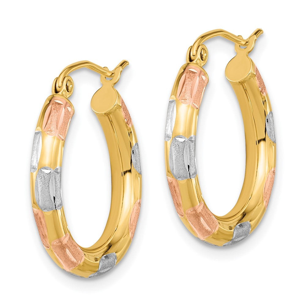 14K Yellow & Rhodium W/White And Rose Polished Satin Diamond-Cut Hoop Earrings