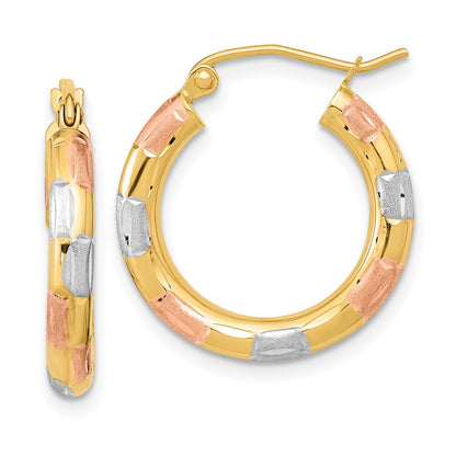 14K Yellow & Rhodium W/White And Rose Polished Satin Diamond-Cut Hoop Earrings