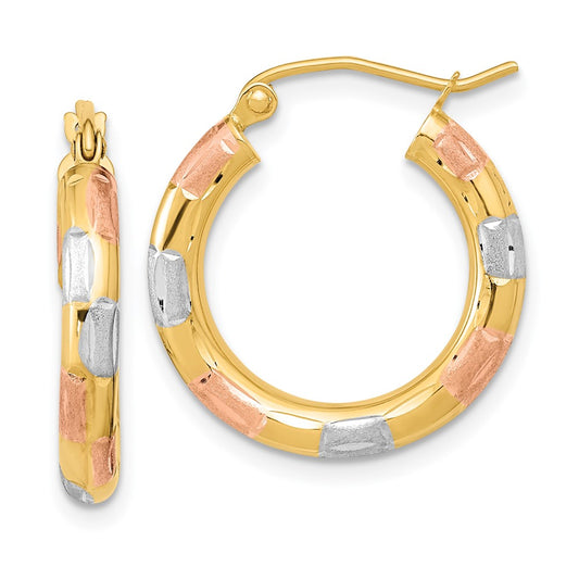 14K Yellow & Rhodium W/White And Rose Polished Satin Diamond-Cut Hoop Earrings