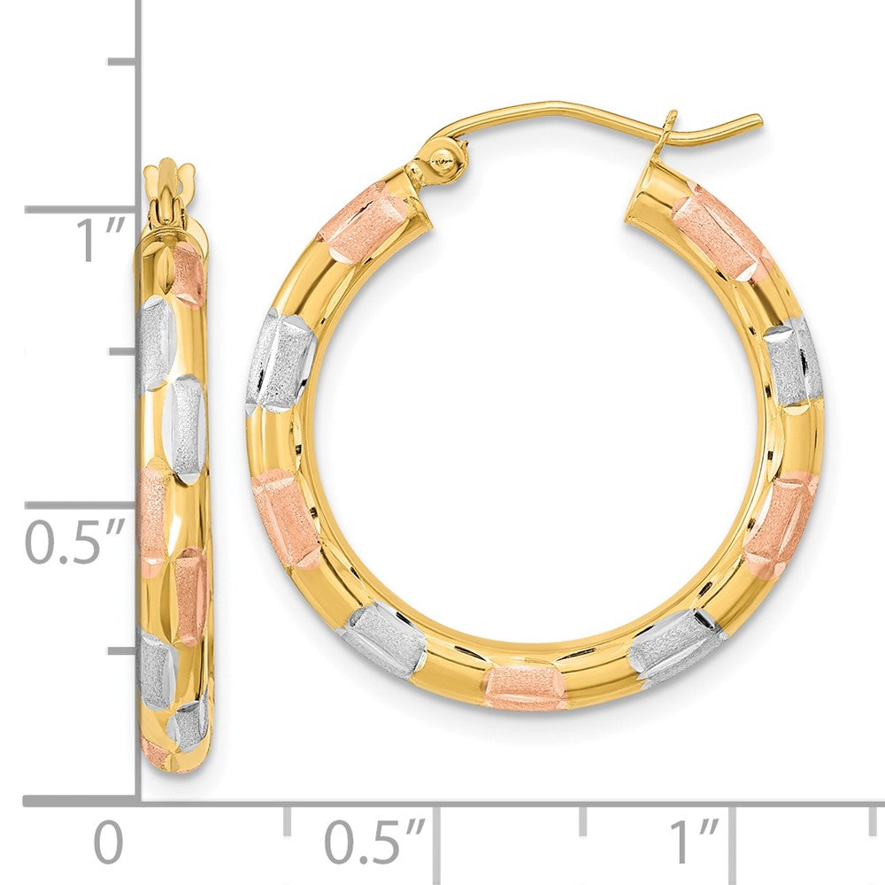 14K Yellow & Rhodium W/White And Rose Polished Satin Diamond-Cut Hoop Earrings
