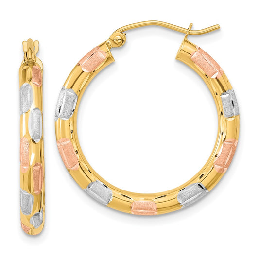 14K Yellow & Rhodium W/White And Rose Polished Satin Diamond-Cut Hoop Earrings