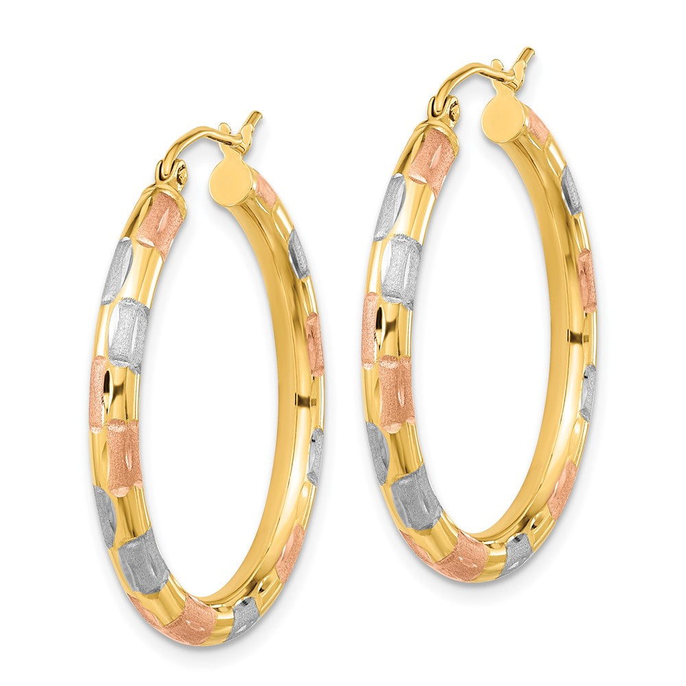 14K Yellow & Rhodium W/ White And Rose Polished Satin Diamond-Cut Hoop Earrings