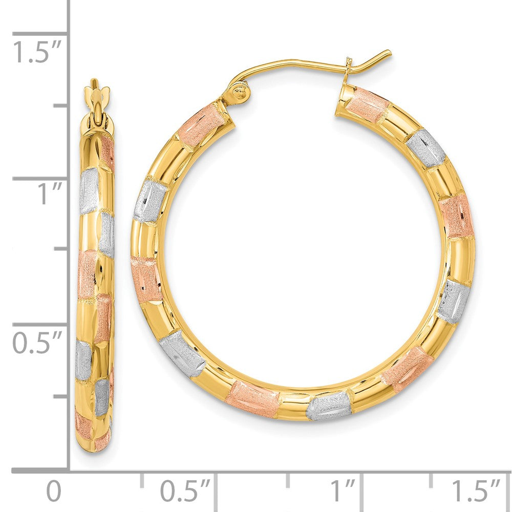 14K Yellow & Rhodium W/ White And Rose Polished Satin Diamond-Cut Hoop Earrings