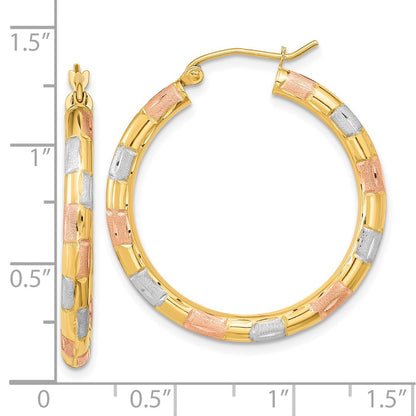 14K Yellow & Rhodium W/ White And Rose Polished Satin Diamond-Cut Hoop Earrings
