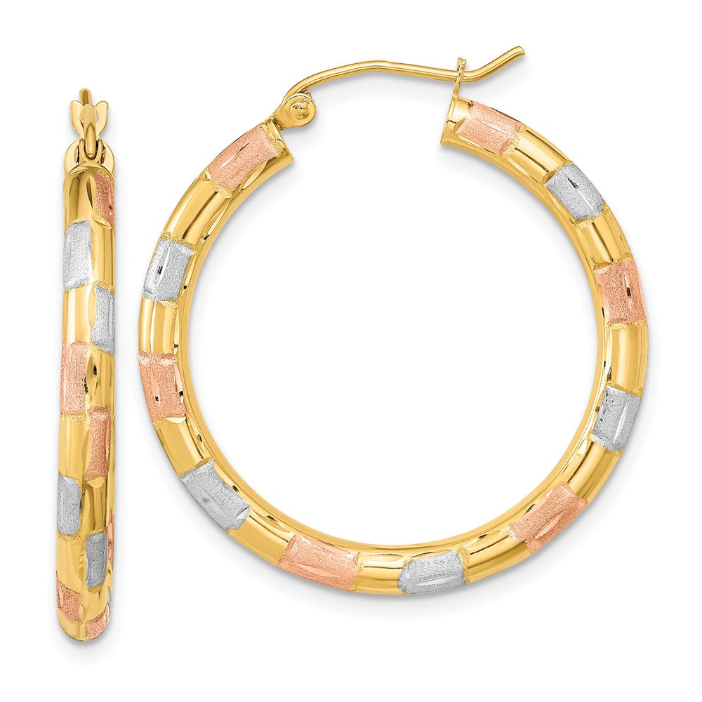 14K Yellow & Rhodium W/ White And Rose Polished Satin Diamond-Cut Hoop Earrings