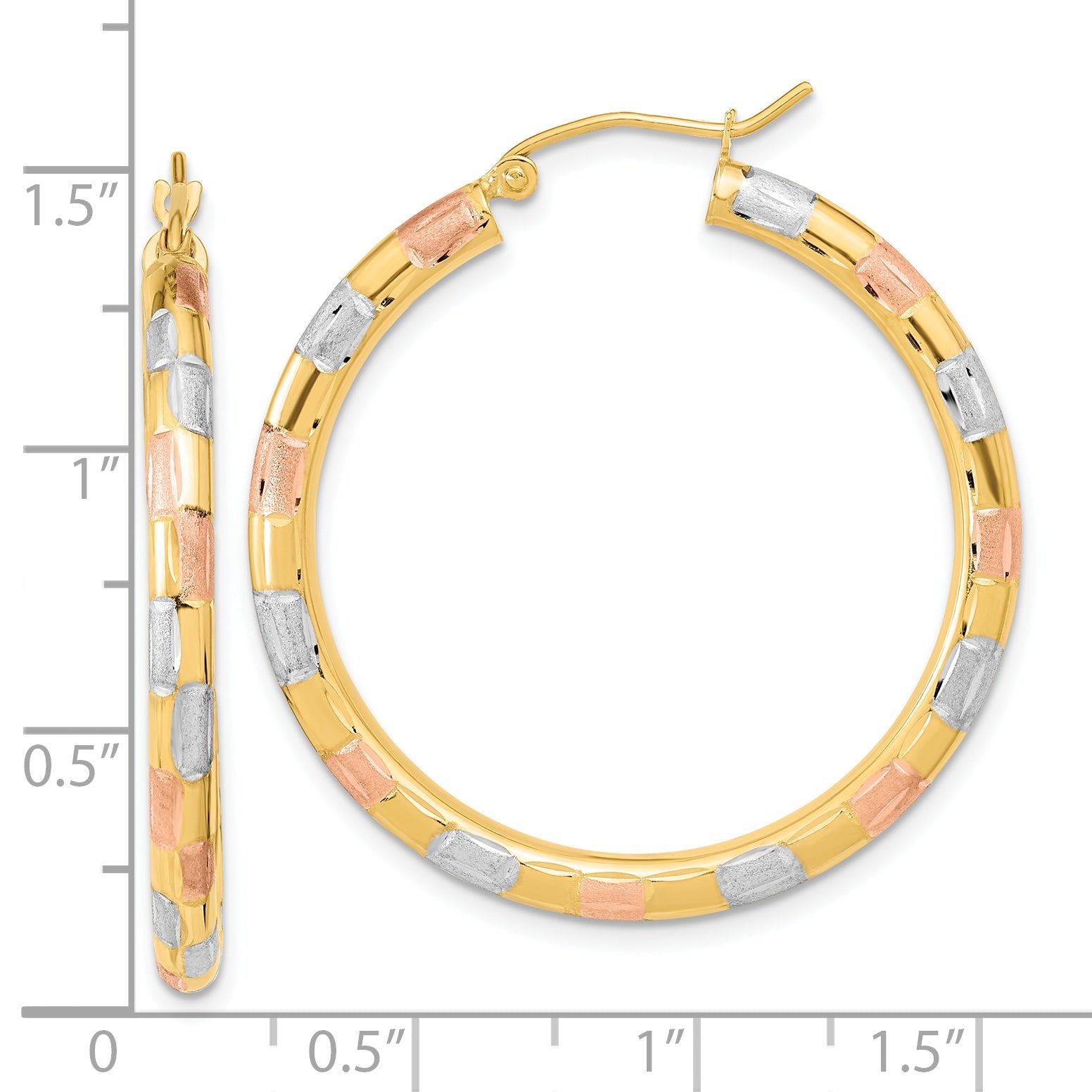 14K Yellow & Rhodium W/ White And Rose Polished Satin Diamond-Cut Hoop Earrings