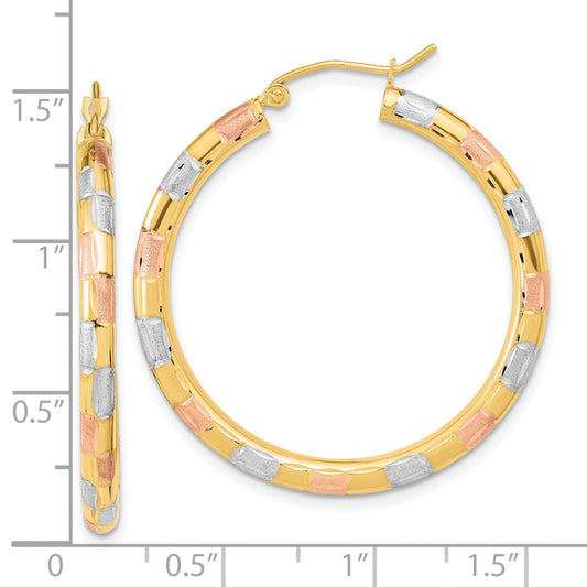 14K Yellow & Rhodium W/ White And Rose Polished Satin Diamond-Cut Hoop Earrings