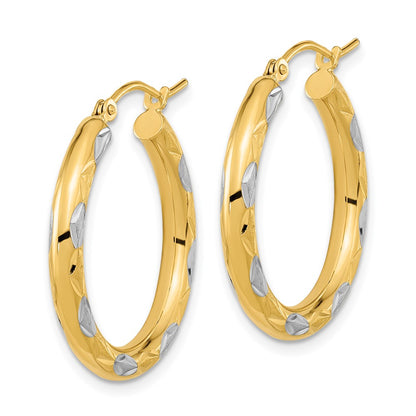 14K Yellow & Rhodium White Polished Satin And Diamond-Cut Hoop Earrings