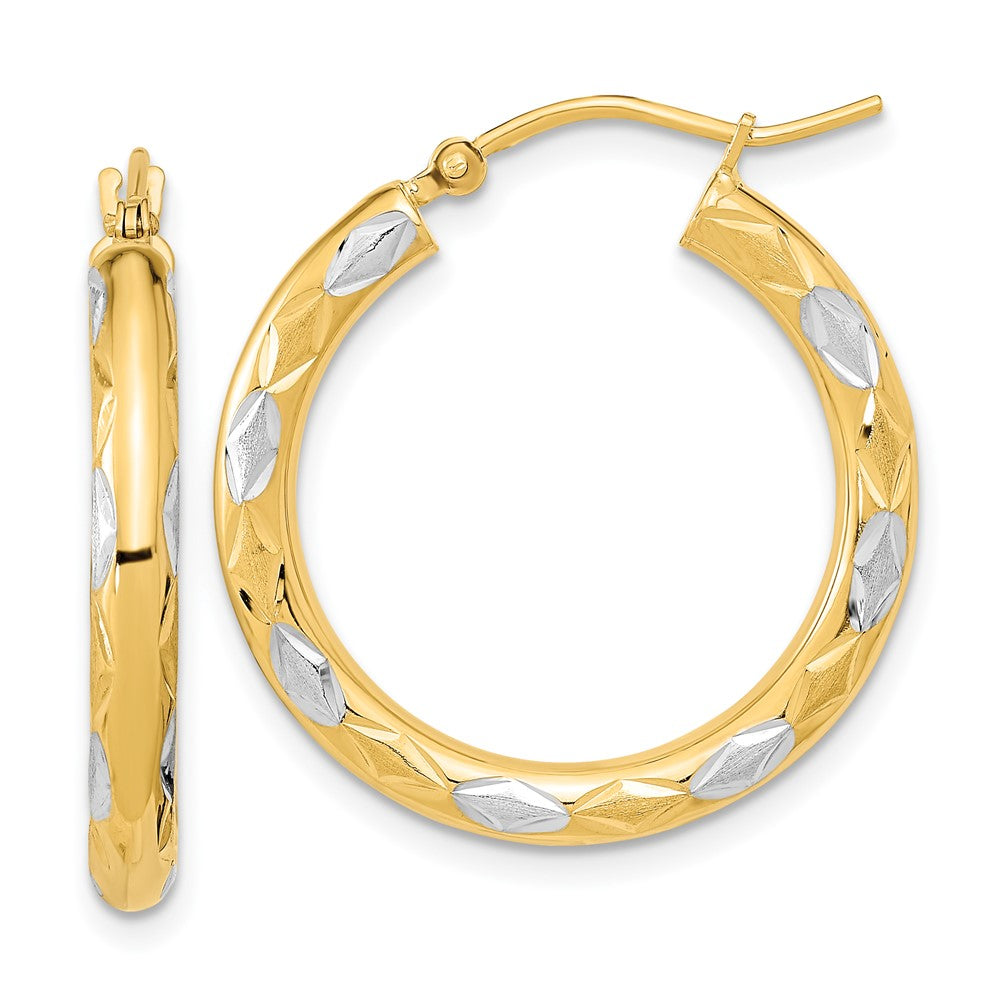 14K Yellow & Rhodium White Polished Satin And Diamond-Cut Hoop Earrings