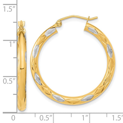 14K Yellow & Rhodium White Polished Satin And Diamond-Cut Hoop Earrings