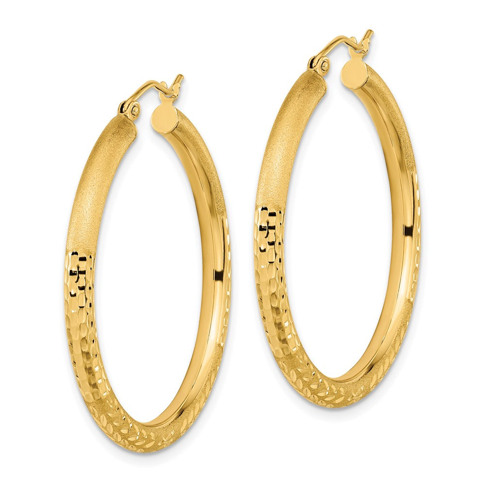 14K Yellow Gold Polished Satin And Diamond-Cut Hoop Earrings