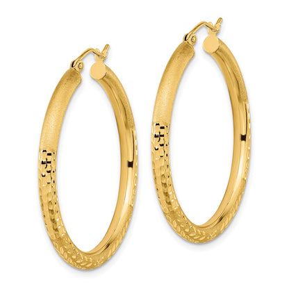 14K Yellow Gold Polished Satin And Diamond-Cut Hoop Earrings
