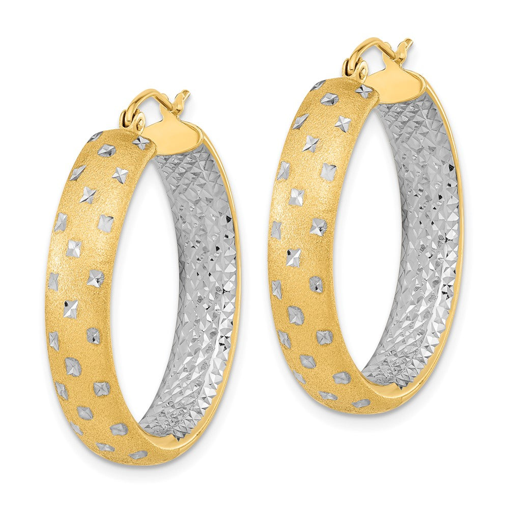 14K Yellow & Rhodium White Polished Satin Diamond-Cut In/Out Hoop Earrings
