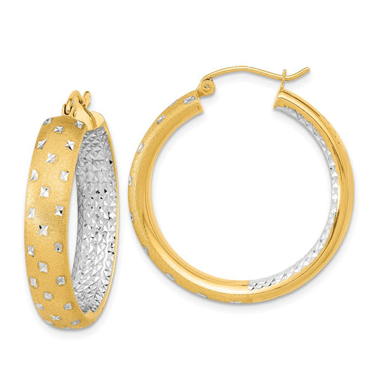 14K Yellow & Rhodium White Polished Satin Diamond-Cut In/Out Hoop Earrings