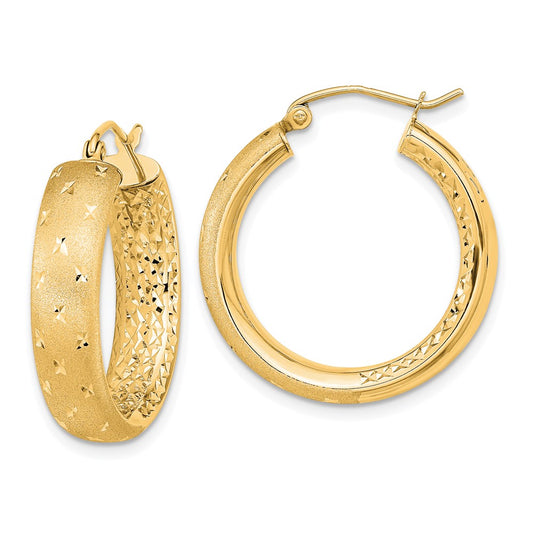 14K Yellow Gold Polished Satin And Diamond-Cut In/Out Hoop Earrings
