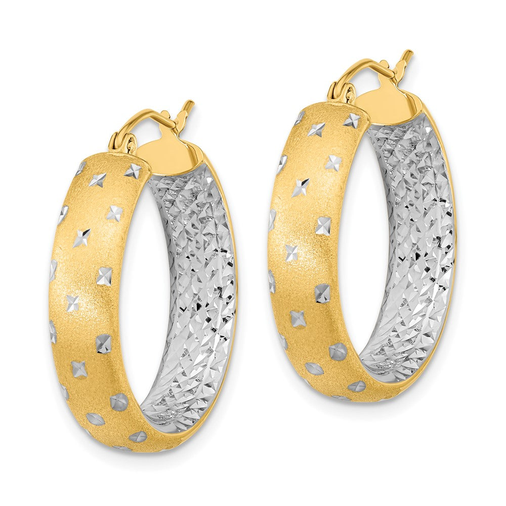 14K Yellow & Rhodium White Polished Satin Diamond-Cut In/Out Hoop Earrings