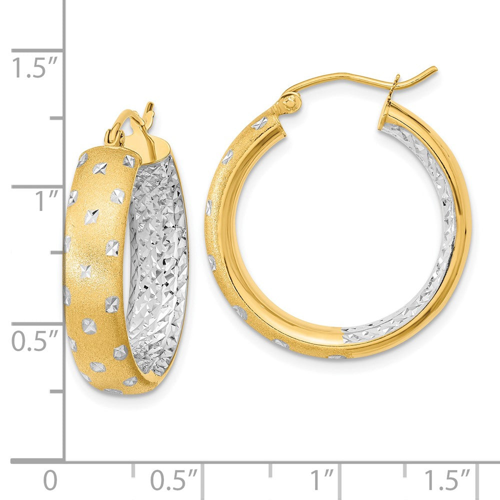 14K Yellow & Rhodium White Polished Satin Diamond-Cut In/Out Hoop Earrings