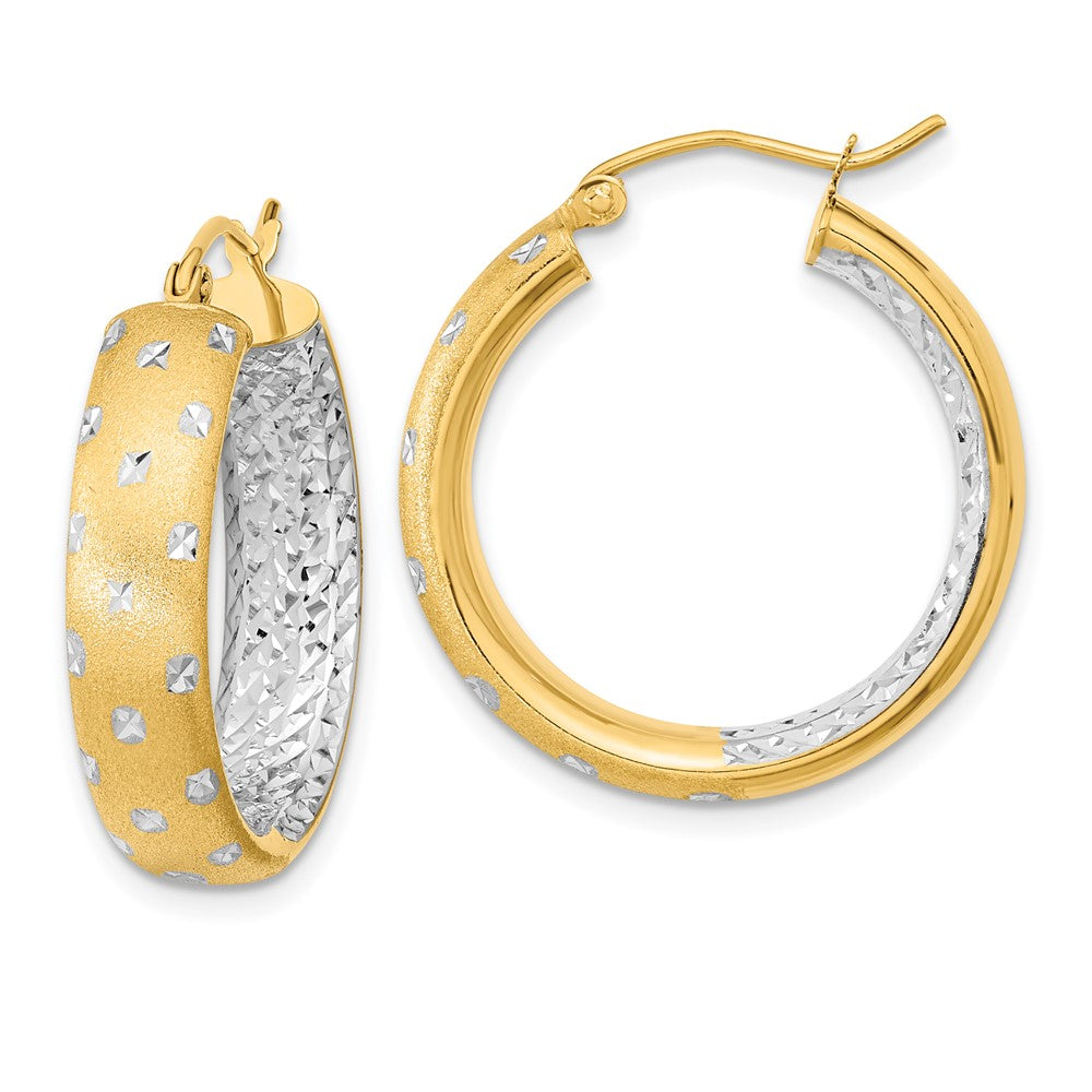14K Yellow & Rhodium White Polished Satin Diamond-Cut In/Out Hoop Earrings