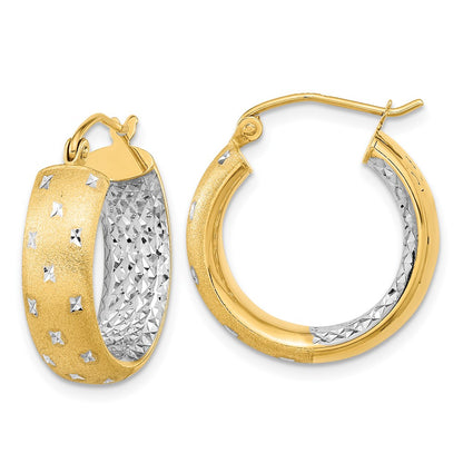 14K Yellow & Rhodium White Polished Satin Diamond-Cut In/Out Hoop Earrings
