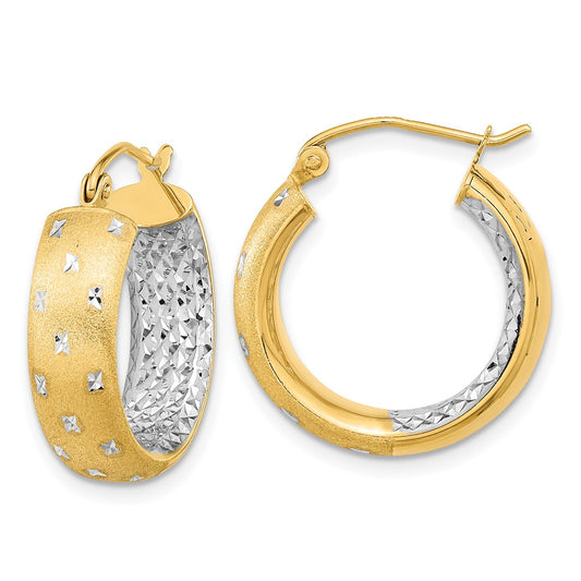14K Yellow & Rhodium White Polished Satin Diamond-Cut In/Out Hoop Earrings
