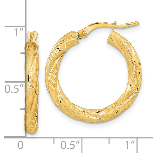 14K Yellow Gold 3mm Polished & Satin D/C Hoop Earrings