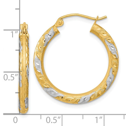 14K Yellow & Rhodium White Diamond-Cut Satin Hoop Earrings