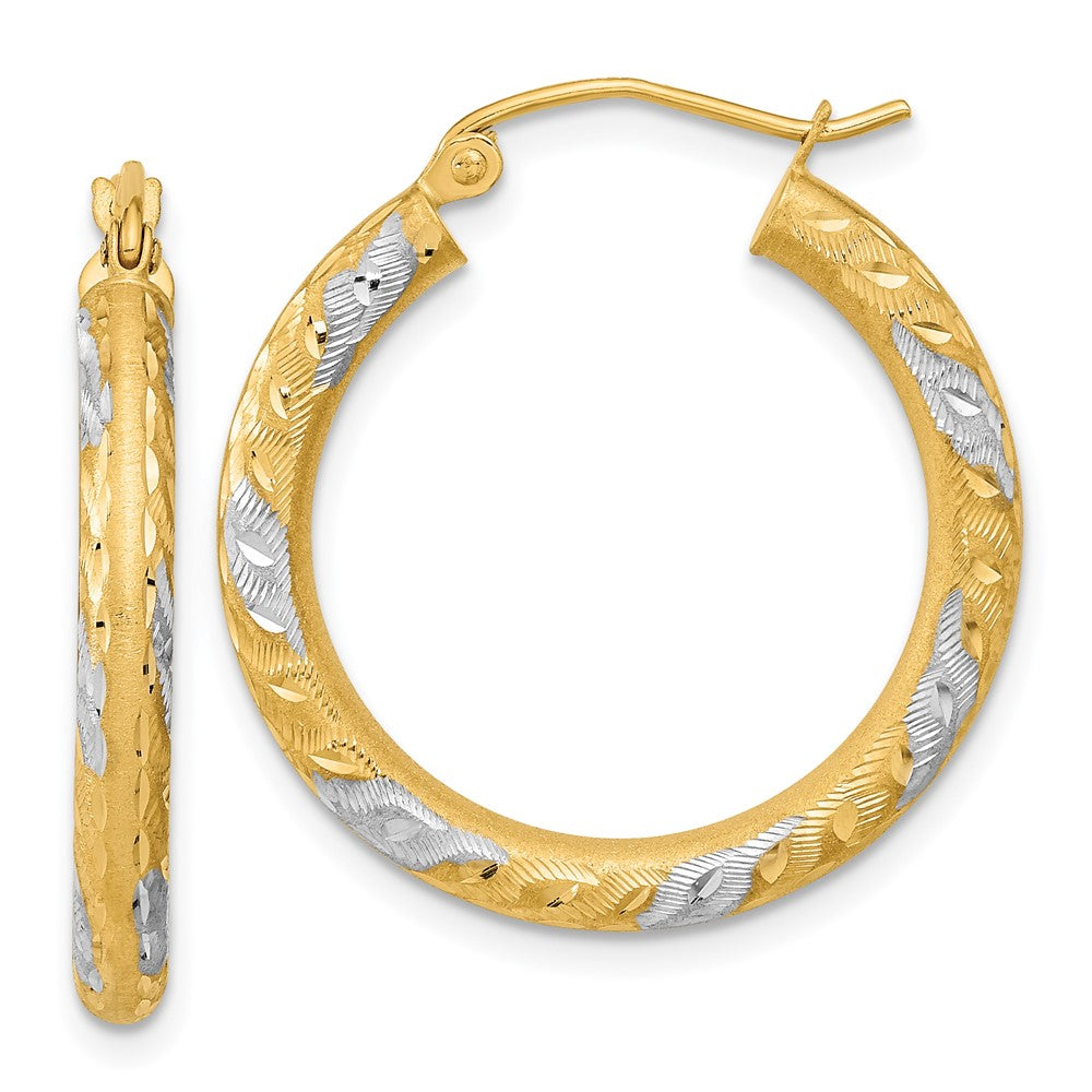 14K Yellow & Rhodium White Diamond-Cut Satin Hoop Earrings