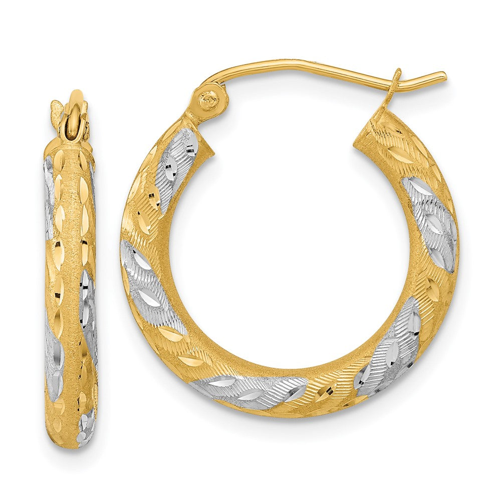 14K Yellow & Rhodium White Diamond-Cut Satin Hoop Earrings