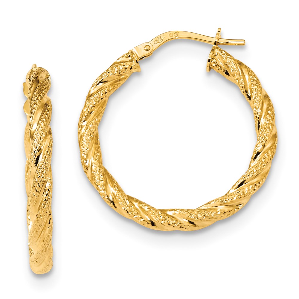 14K Yellow Gold Satin & Polished Twisted Hoops