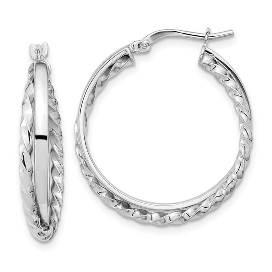 14K White Gold Polished And Textured Hinged Hoop Earrings
