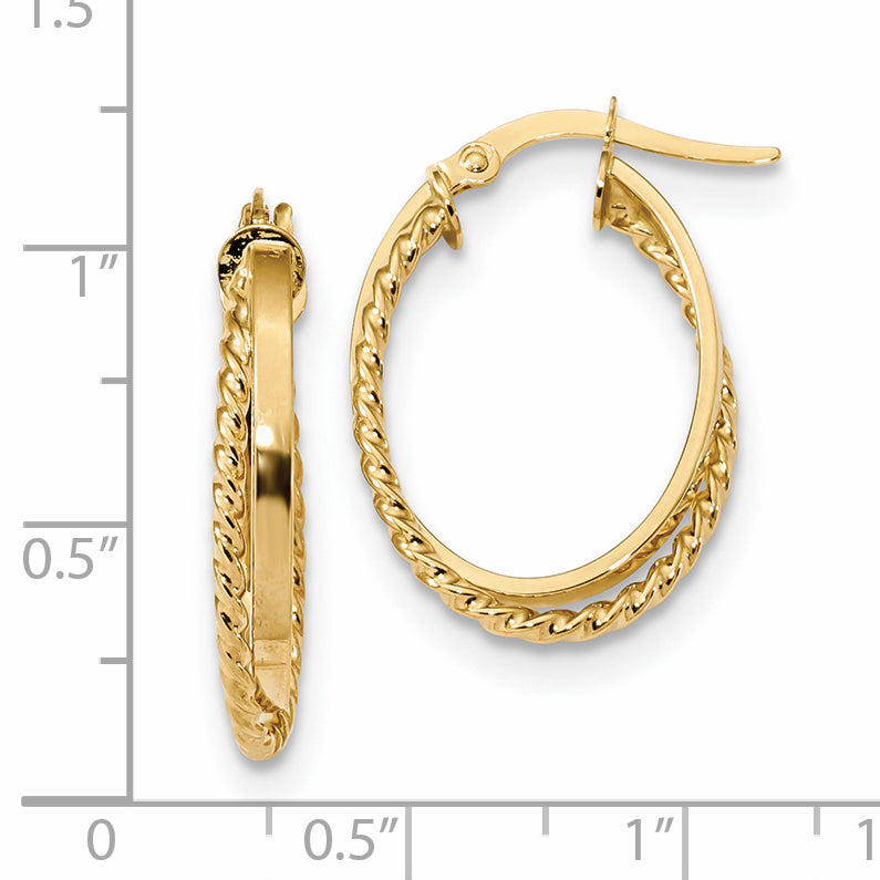 14K Yellow Gold Polished & Textured Oval Hinged Hoop Earrings