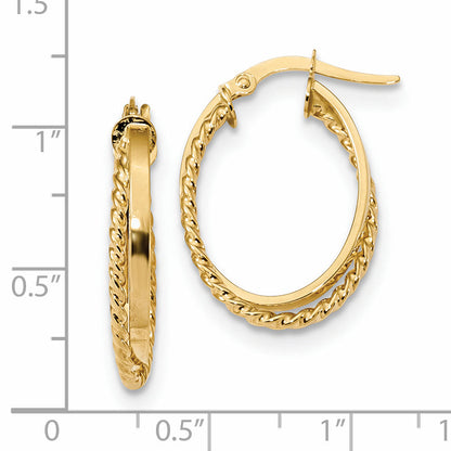 14K Yellow Gold Polished & Textured Oval Hinged Hoop Earrings
