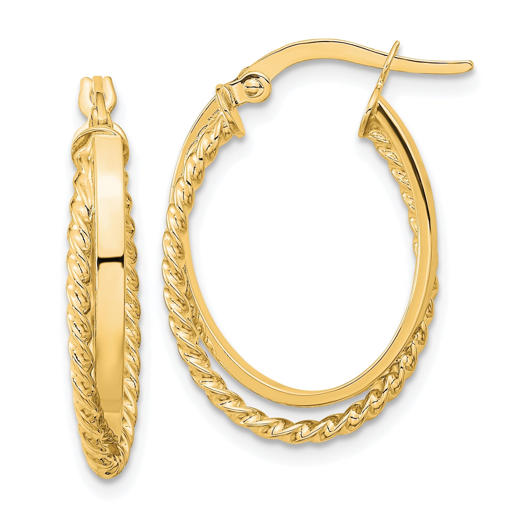14K Yellow Gold Polished & Textured Oval Hinged Hoop Earrings