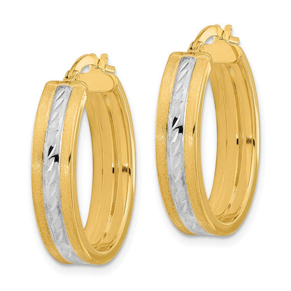 14K Yellow & Rhodium White Diamond-Cut Polished And Satin Hoop Earrings