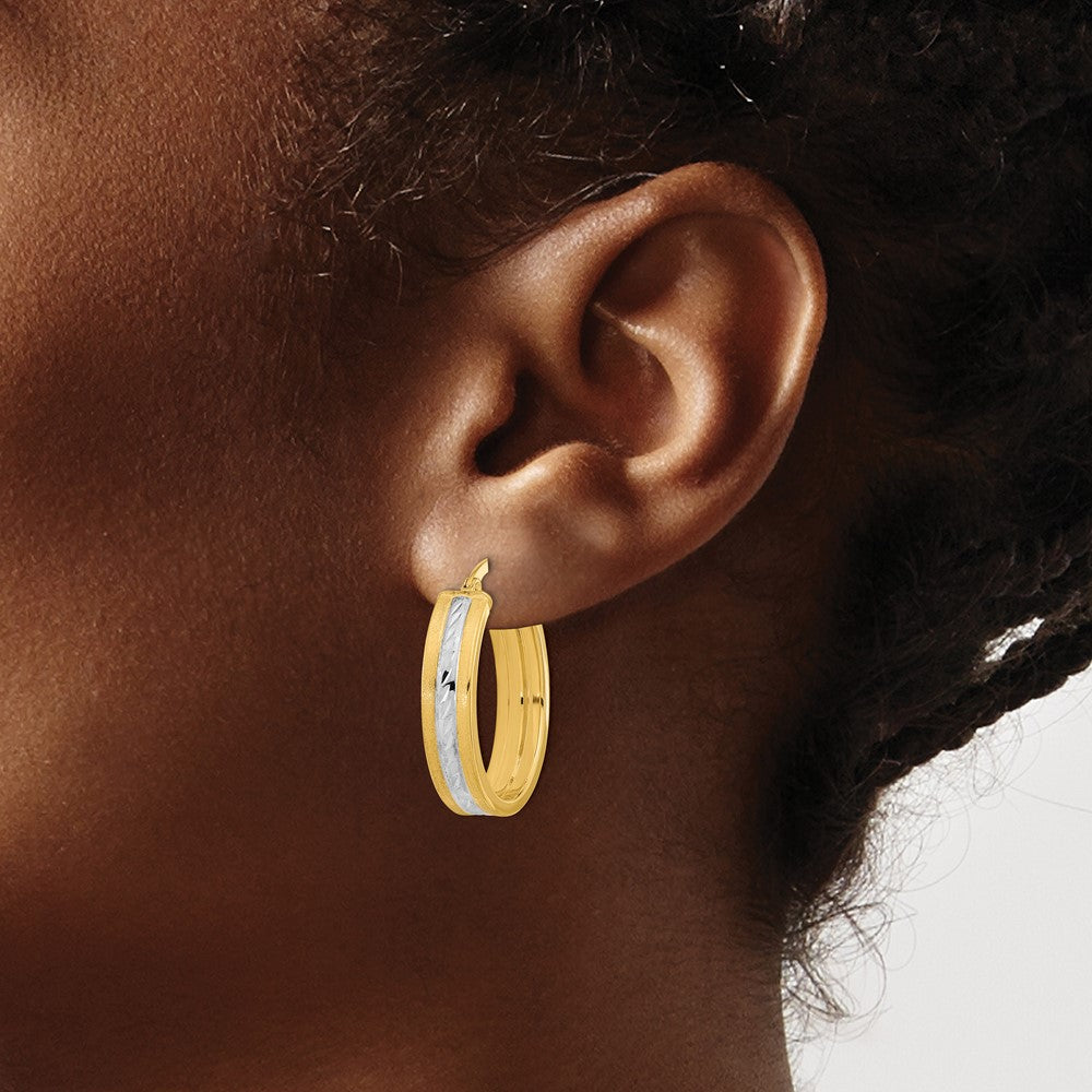 14K Yellow & Rhodium White Diamond-Cut Polished And Satin Hoop Earrings
