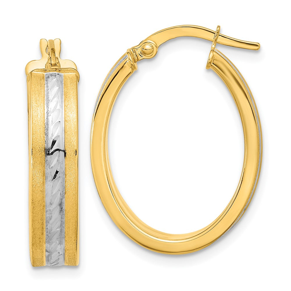 14K Yellow & Rhodium White Diamond-Cut Polished And Satin Hoop Earrings