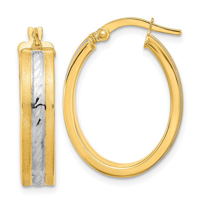 14K Yellow & Rhodium White Diamond-Cut Polished And Satin Hoop Earrings