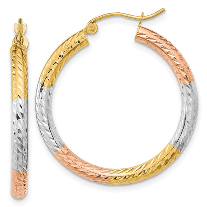 14K Yellow & Rhodium W/White And Rose Polished Diamond-Cut Hoop Earrings