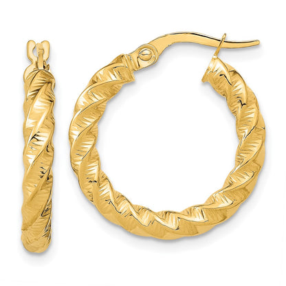 14K Yellow Gold Polished 3mm Twisted Hoop Earrings