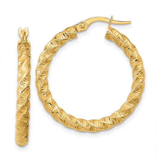 14K Yellow Gold Polished 3mm Twisted Hoop Earrings