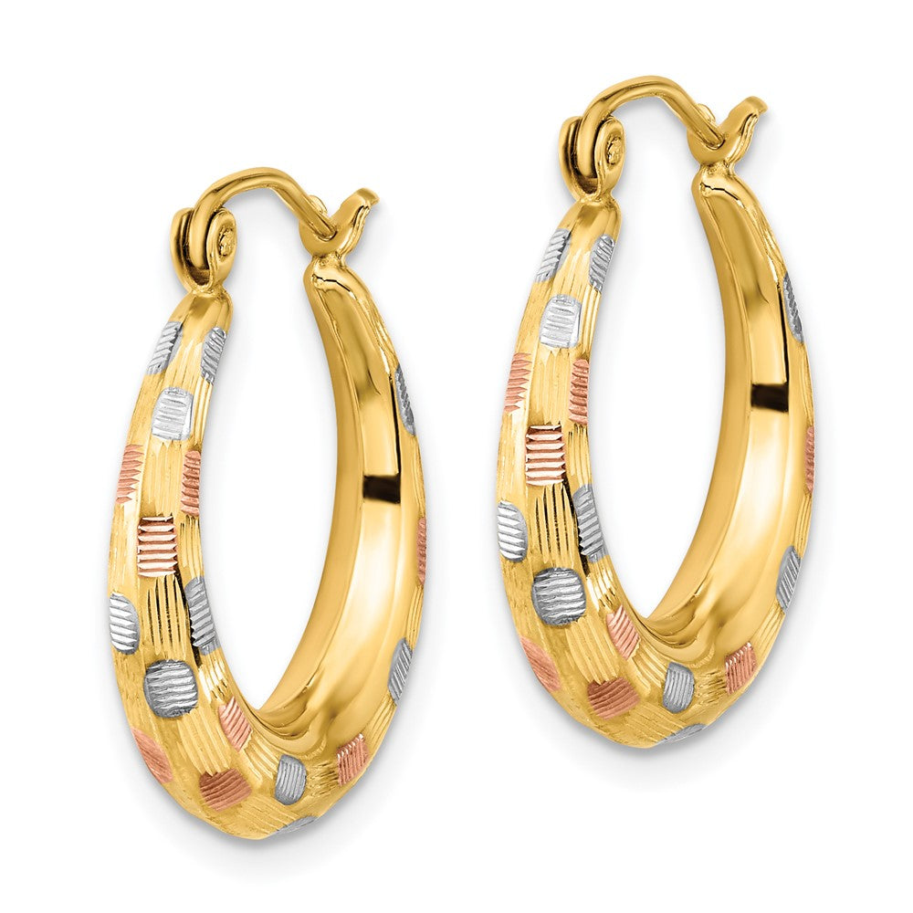 14K Yellow & Rhodium White And Rose Polished Satin Diamond-Cut Hoop Earrings