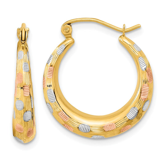 14K Yellow & Rhodium White And Rose Polished Satin Diamond-Cut Hoop Earrings