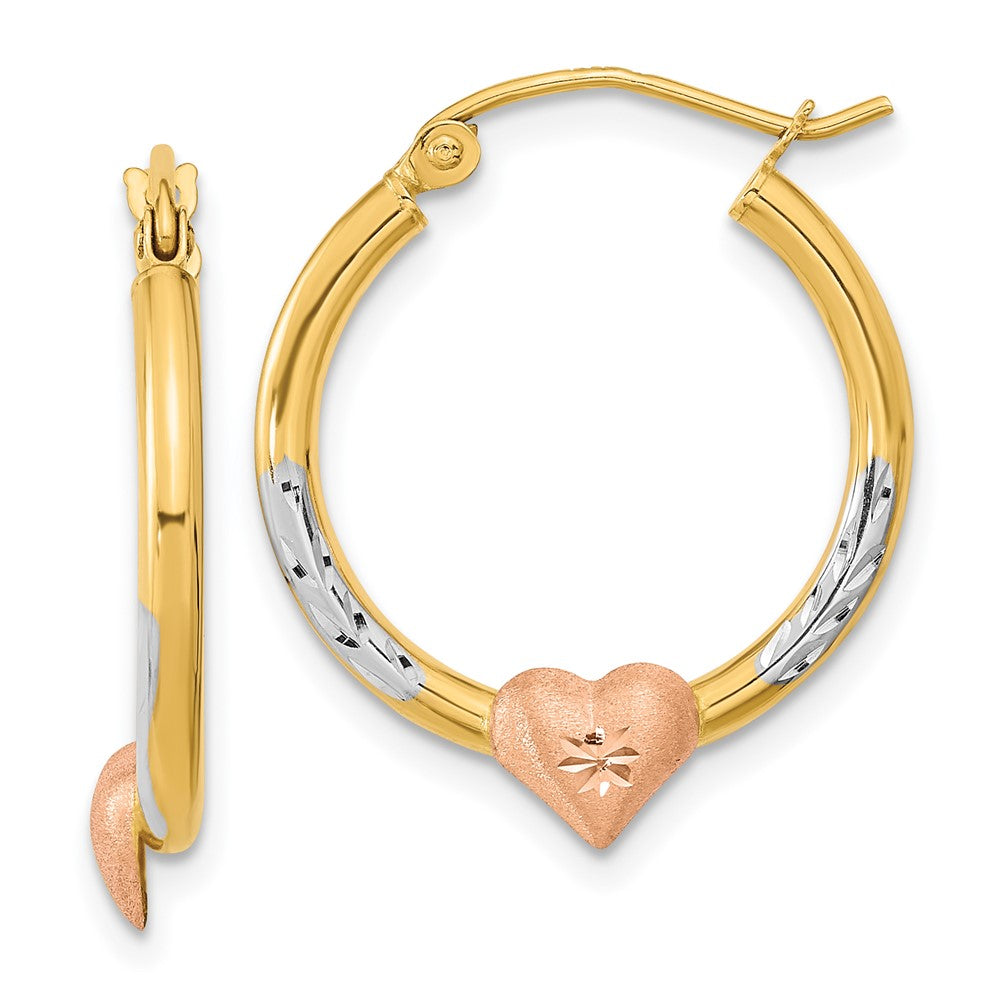 14K Two-Tone With White Rhodium D/C Heart Hoop Earrings