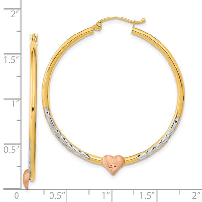 14K Two-Tone With White Rhodium D/C Heart Hoop Earrings