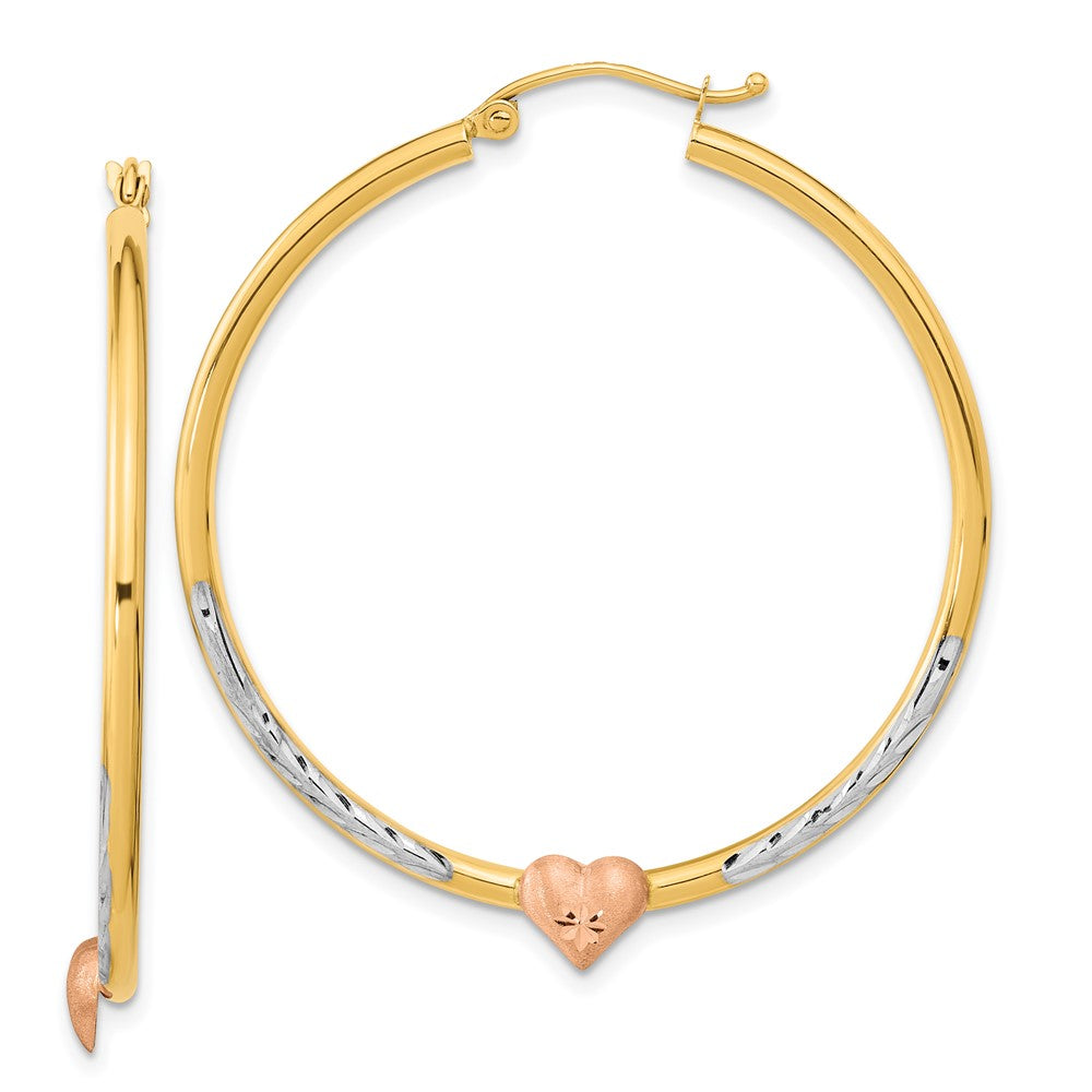 14K Two-Tone With White Rhodium D/C Heart Hoop Earrings